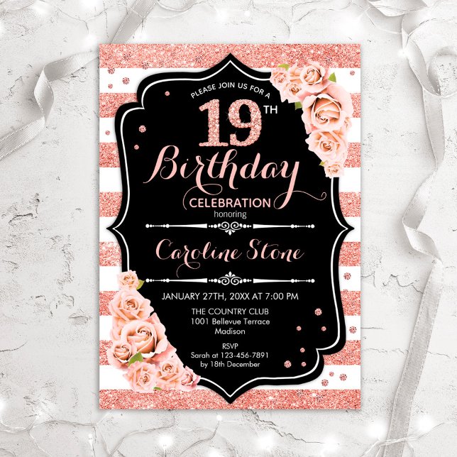 19th Birthday Black Rose Gold and White Stripes Invitation (Creator Uploaded)