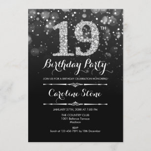 19th Birthday - Black Silver Invitation