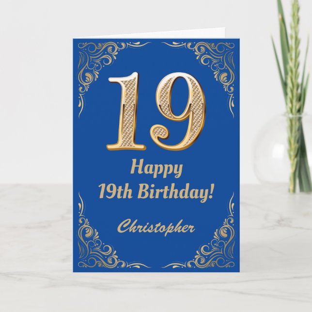 19th Birthday Blue and Gold Glitter Frame Card (Front)