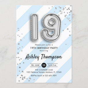 19th Birthday - Blue Stripes and Silver Balloons Invitation