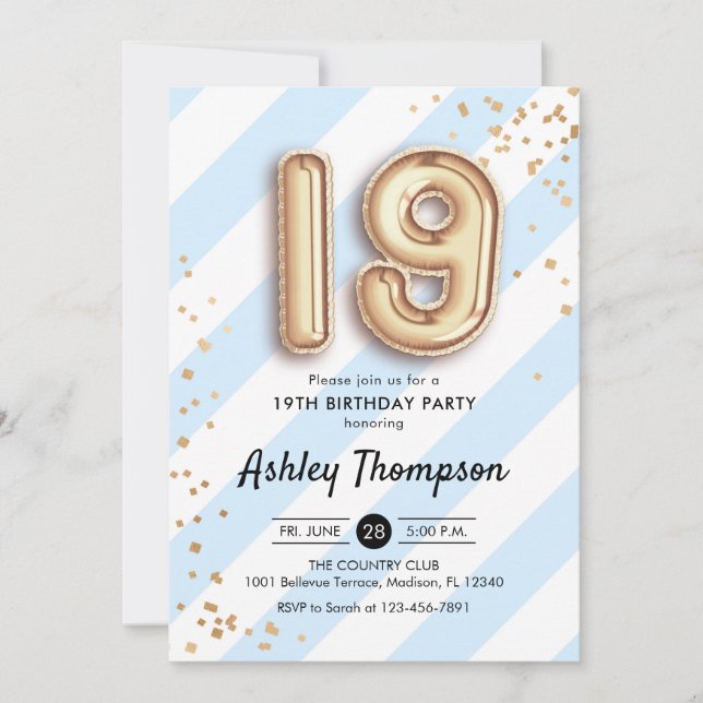 19th Birthday - Blue Stripes Gold Balloons Invitation (Front)