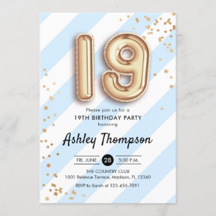 19th Birthday - Blue Stripes Gold Balloons Invitation
