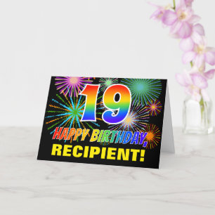 19th Birthday: Bold, Fun, Fireworks, Rainbow 19 Card