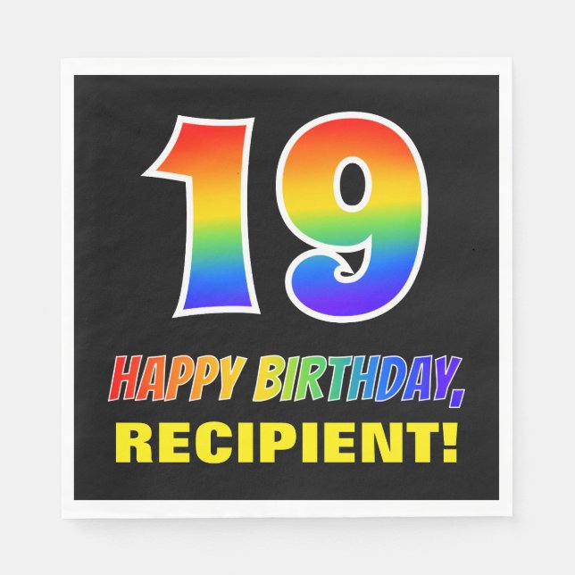19th Birthday: Bold, Fun, Simple, Rainbow 19 Napkin (Front)