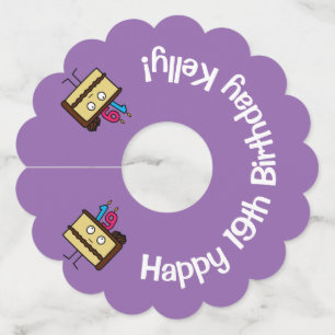 19th Birthday Cake with Candles chocolate icing Wine Glass Tag