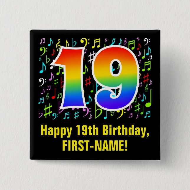 19th Birthday: Colorful Music Symbols, Rainbow 19 15 Cm Square Badge (Front)