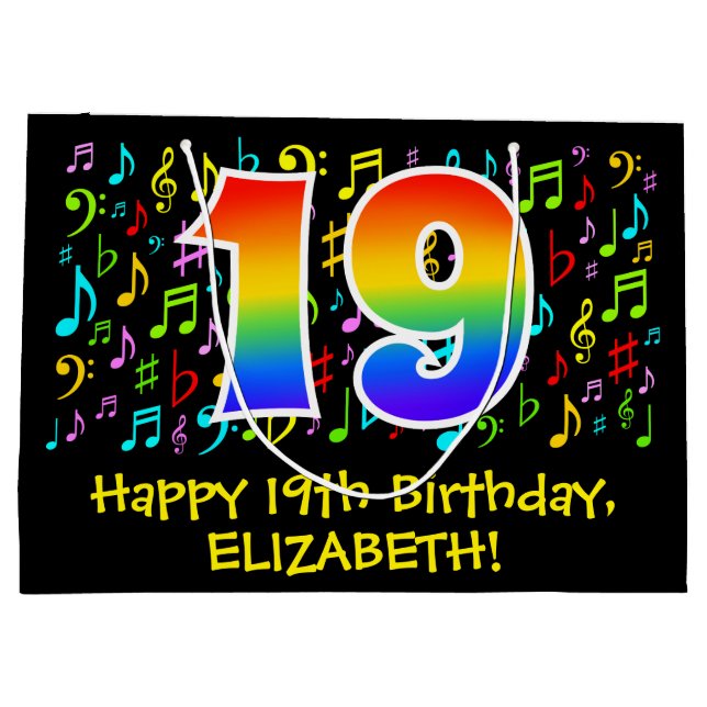 19th Birthday - Colorful Music Symbols, Rainbow 19 Large Gift Bag (Back)