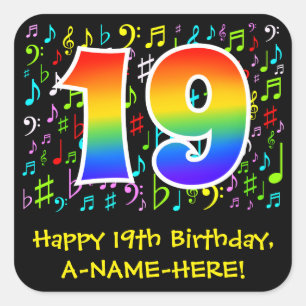 19th Birthday: Colourful Music Symbols, Rainbow 19 Square Sticker