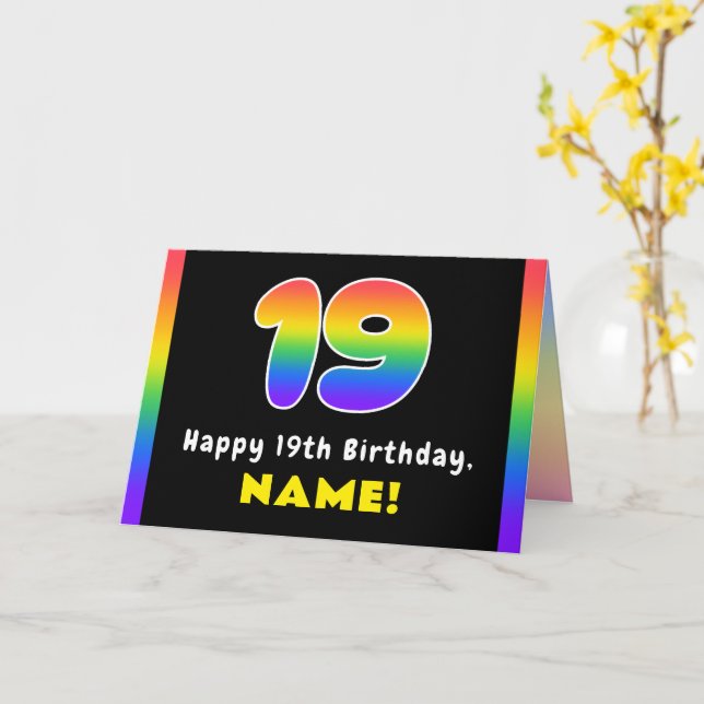 19th Birthday: Colourful Rainbow # 19, Custom Name Card (Yellow Flower)