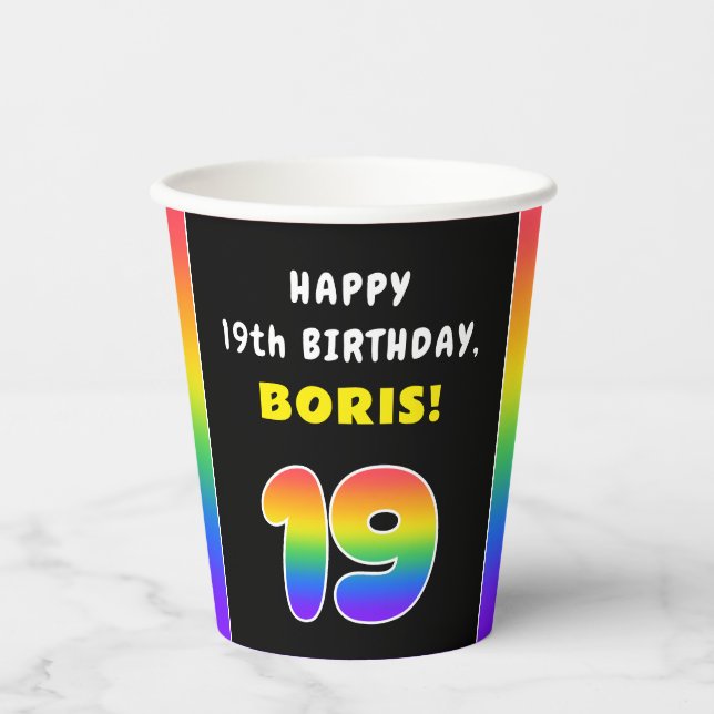 19th Birthday: Colourful Rainbow # 19, Custom Name Paper Cups (Front)