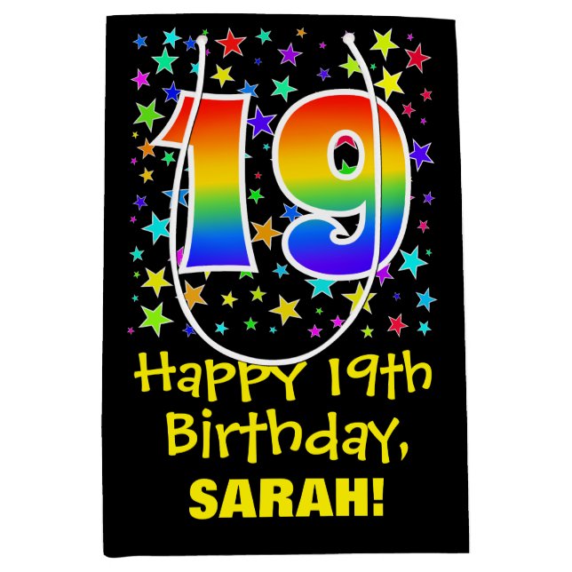 19th Birthday: Colourful Stars Pattern & Rainbow 1 Medium Gift Bag (Front)