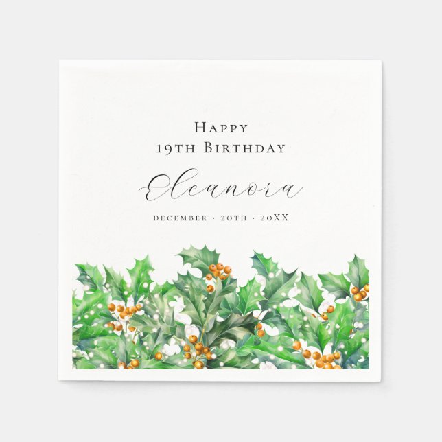 19th Birthday December Birth Flower Holly Custom Napkin (Front)