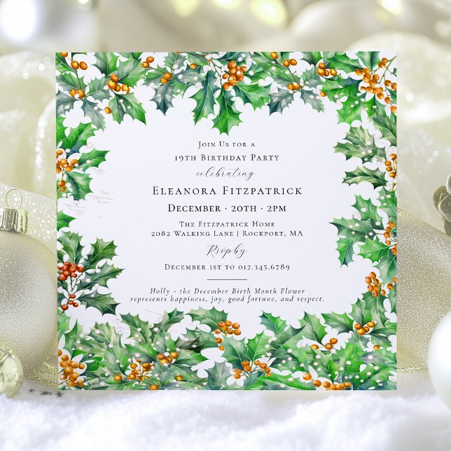 19th Birthday December Birth Flower Holly Square Invitation (Creator Uploaded)