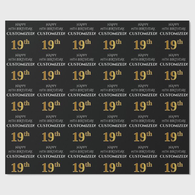19th Birthday: Elegant, Black, Faux Gold Look Wrapping Paper (Flat)