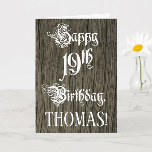 19th Birthday: Fancy, Elegant Text; Faux Wood Look Card (Small Plant)