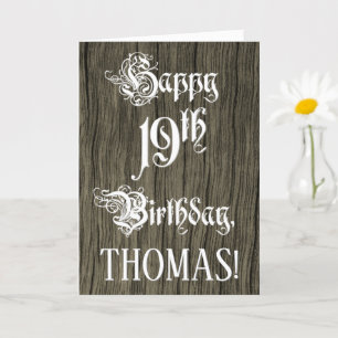 19th Birthday: Fancy, Elegant Text; Faux Wood Look Card