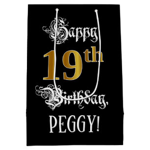 19th Birthday ~ Fancy Script; Faux Gold Look; Name Medium Gift Bag