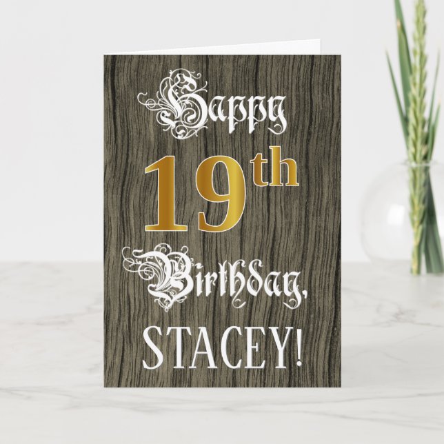 19th Birthday: Faux Gold Look + Faux Wood Pattern Card (Front)