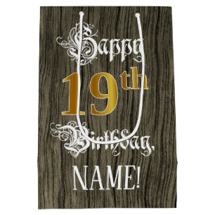 19th Birthday: Faux Gold Look & Faux Wood Pattern Medium Gift Bag