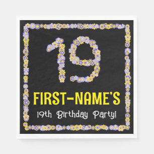 19th Birthday: Floral Flowers Number, Custom Name Napkin