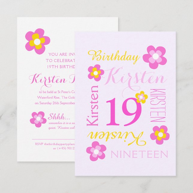 19th birthday flower graphic yellow pink surprise invitation (Front/Back)