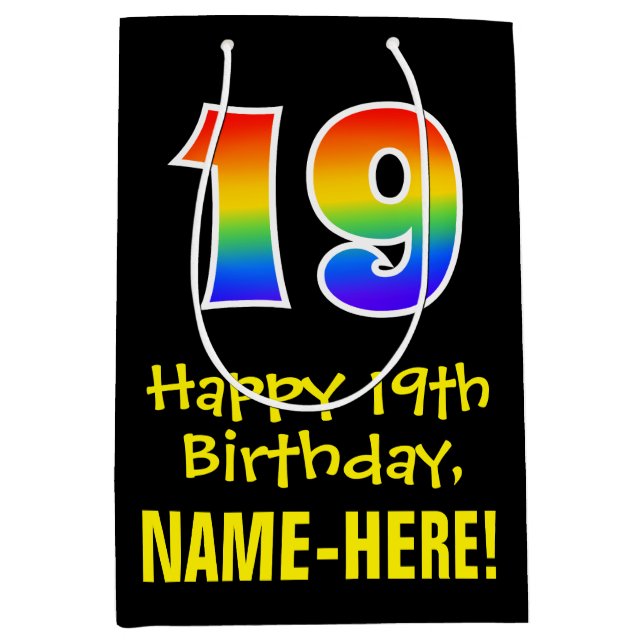 19th Birthday: Fun, Bold, Colourful, Rainbow "19" Medium Gift Bag (Front)