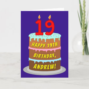 19th Birthday: Fun Cake and Candles + Custom Name Card