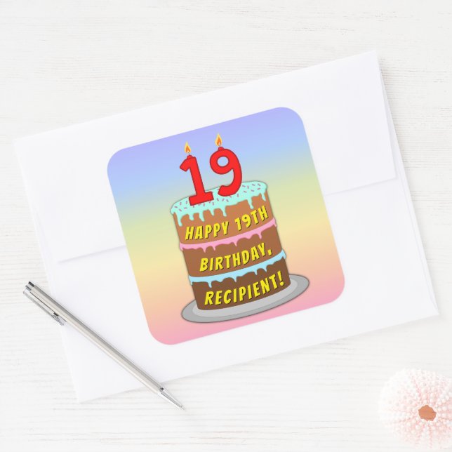 19th Birthday: Fun Cake and Candles + Custom Name Square Sticker (Envelope)