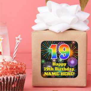 19th Birthday: Fun Fireworks Look, Rainbow # 19 Square Sticker
