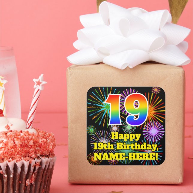 19th Birthday: Fun Fireworks Look, Rainbow # 19 Square Sticker (Party)