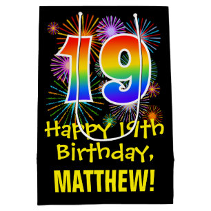 19th Birthday: Fun Fireworks Pattern + Rainbow 19 Medium Gift Bag