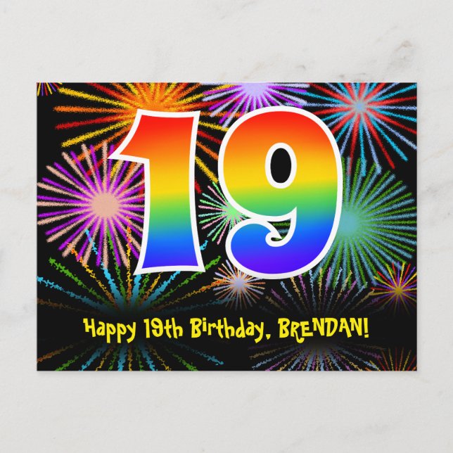 19th Birthday – Fun Fireworks Pattern + Rainbow 19 Postcard (Front)