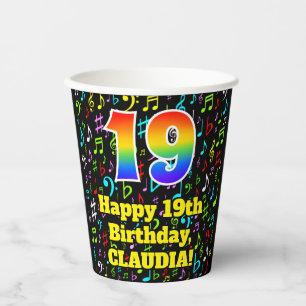 19th Birthday: Fun Music Notes Pattern, Rainbow 19 Paper Cups