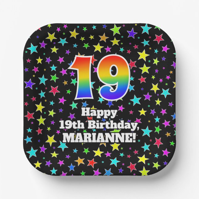19th Birthday: Fun Stars Pattern and Rainbow “19” Paper Plate (Front)