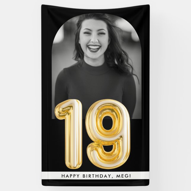 19th Birthday Gold Balloon Photo Party Banner (Vertical)