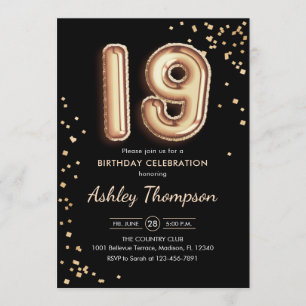 19th Birthday - Gold Balloons Black Invitation