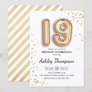 19th Birthday - Gold Balloons Invitation