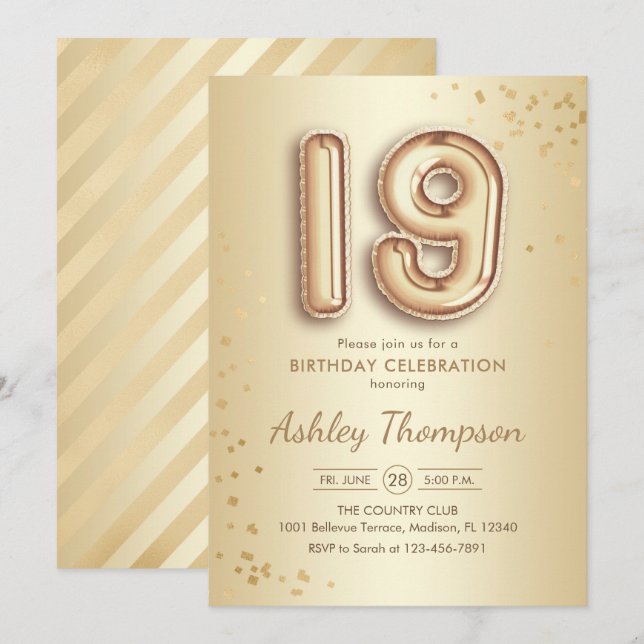 19th Birthday - Gold Balloons Invitation (Front/Back)