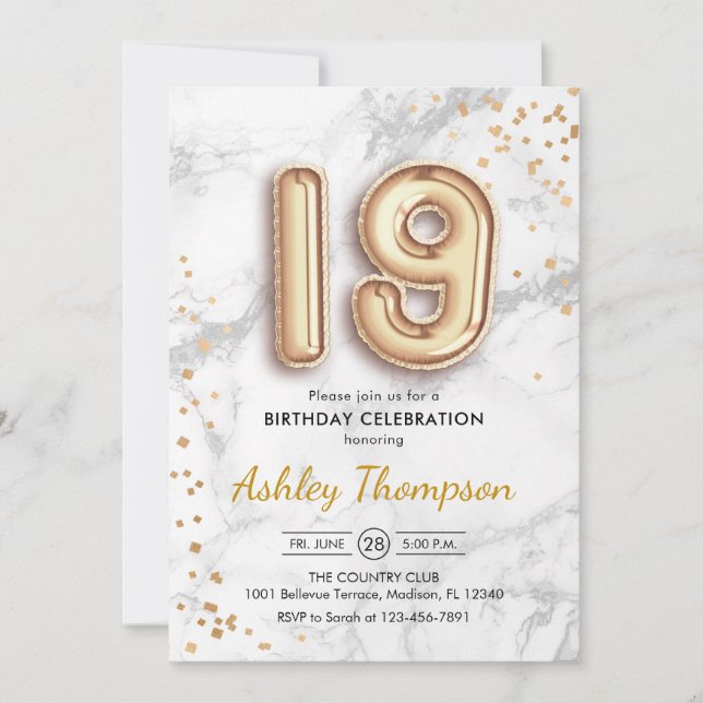 19th Birthday - Gold Balloons Marble Effect Invitation (Front)