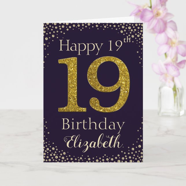 19th Birthday Golden Glitter Card (Orchid)