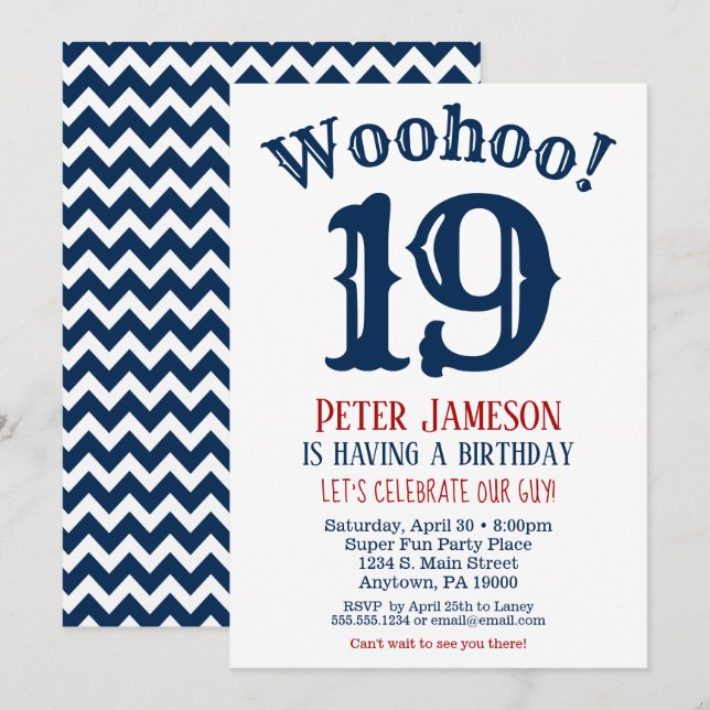 19th Birthday Invitation Mens Navy Blue (Front/Back)