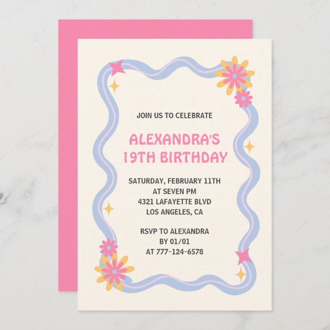 19th birthday invitation Retro Groovy Pink Flowers (Front/Back)