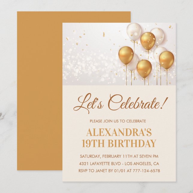 19th birthday invitations Balloons Gold (Front/Back)