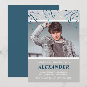 19th birthday invitations boy Confetti Photo Blue