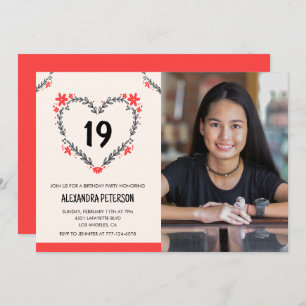 19th birthday invitations for her Floral Heart