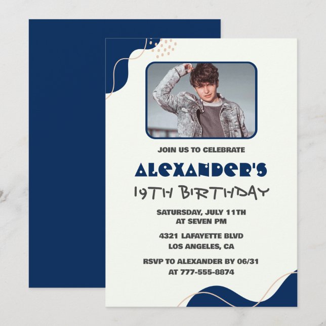 19th birthday invitations Men Navy Simple Photo (Front/Back)