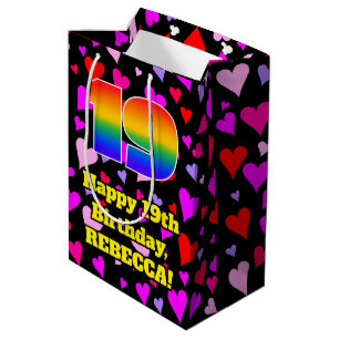 19th Birthday: Loving Hearts Pattern, Rainbow # 19 Medium Gift Bag