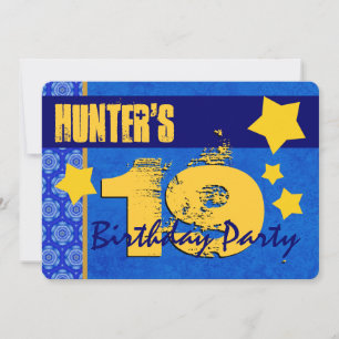 19th Birthday Modern For Him Blue and Gold W13B Invitation