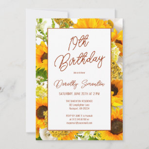 19th Birthday Modern Sunflower Floral Invitation
