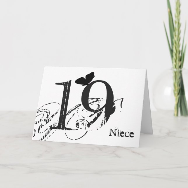 19th birthday, niece, butterfly, black & white. card (Front)